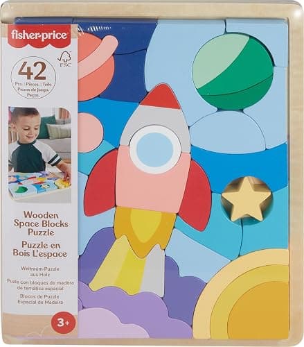 Fisher-Price Wood Preschool Toy Space Blocks Jigsaw Puzzle, 42 Wooden Pieces for Stacking & Sorting Play Kids Ages 3+ Years - Image 1