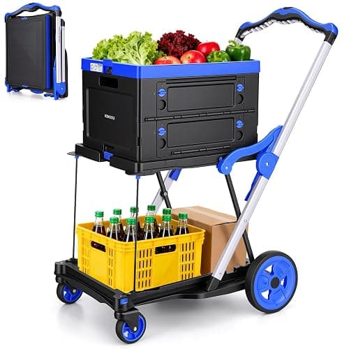 Collapsible Shopping Cart with Wheels Multi use Functional Collapsible Carts Mobile Folding Trolley, Collapsible Hand Truck and Dolly, Grocery Cart with Storage Crate Platform Hand Truck(Blue) - Image 1