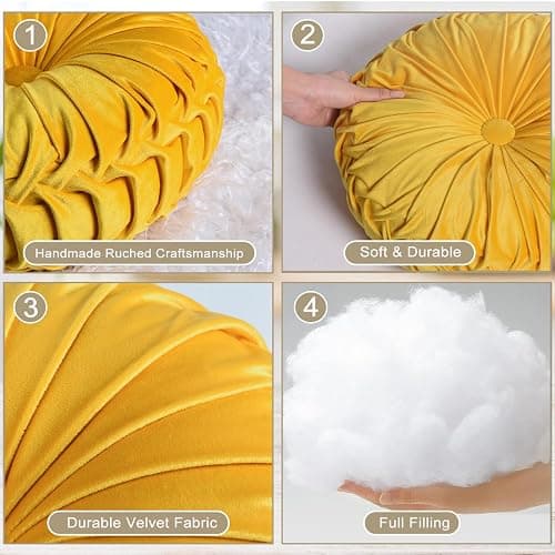HIG Set of 2 Yellow Ruched Velvet Round Throw Pillows – 14.5’’ Decorative Pillows with Soft Polyester Filling for Couch, Bed, Living Room, Bedroom, or Dorm – Handmade, Stress Relieving, All-Season thumbnail 4