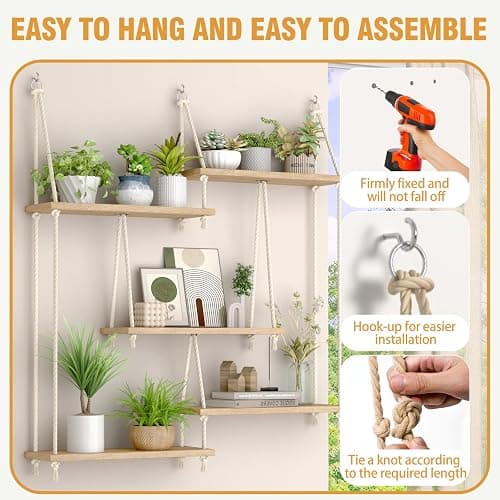 Hanging Shelf with Vine Lights 5 Tier Boho Plant Wall Shelf Floating Shelves Rope Rustic Wood Organizer Storage Hanger Rack for Wall Decor in Aesthetic Home Bedroom Kitchen (Five-tier rope rack) thumbnail 5