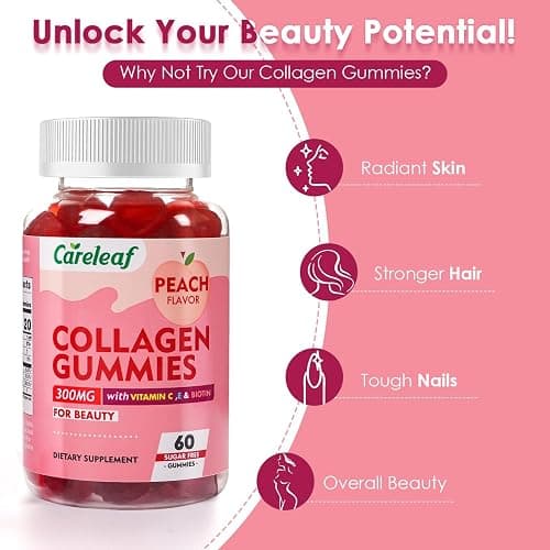 careleaf Sugar Free Collagen Gummies with Vitamin C Vitamin E Support Natural Collagen Production, Healthy Hair, Nails and Bones,Peach Flavor,60 Gummies for 30 Days Supply thumbnail 5