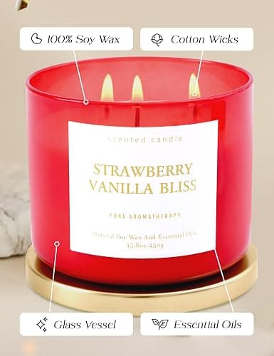 Strawberry Vanilla Bliss 3-Wick Soy Scented Candle 15.8 oz | Large Berry Vanilla Candle for Home | Relaxing Aromatherapy Stress Relief Candle | Long-Lasting, Clean Burning Candles Gift for Women & Men thumbnail 4