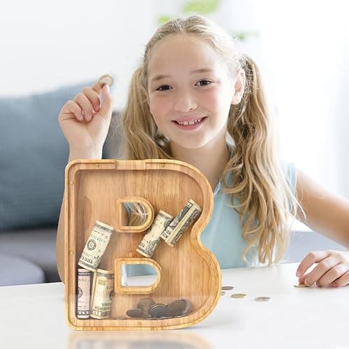 WOOD CITY Letter Piggy Bank for Adults Boys Girls Kids, Wooden 9 inch Large Personalized Bills and Coins Bank Money Box, Customized Name DIY Creative Gift for Real-Money, Alphabet Decorations (N) thumbnail 2