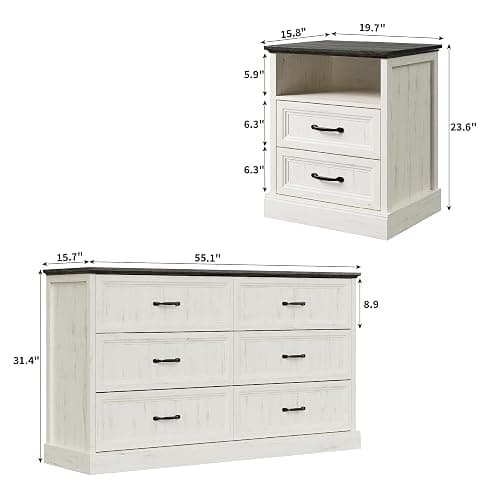 Tradare 3 Pcs Farmhouse Dresser and Nightstand Sets for Bedroom, 6 Drawer Dresser & Nightstand Set of 2, Rustic Wooden Chest of Drawers Wide Storage Organizer for Bedroom, White thumbnail 2