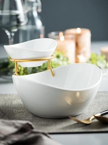 Miamolo Porcelain Serving Bowl Set for Appetizer Serving Dishes Set with 2 Compartment, Chip and Dip Taco Rack Display Salad Bar Serving Set, Gold Stand thumbnail 2