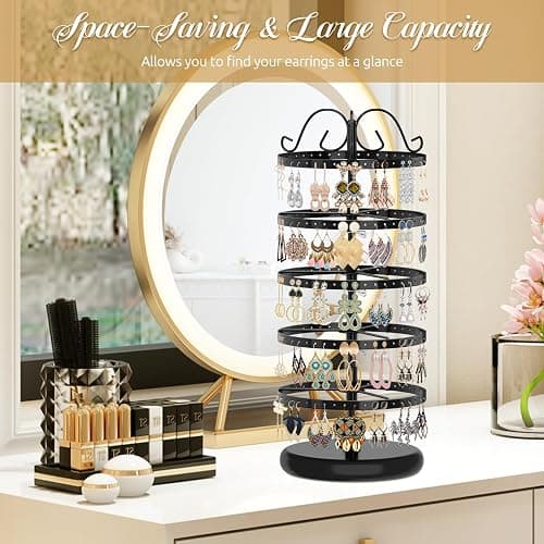 MODOWEY Rotating Earring Holder Organizer Stand, 5 Tier Metal Tree Display for Women Vendors, 220 Holes Adjustable Jewelry rack for Stud Hoop Dangle Storage, Trendy Carousel Keeps Dresser Neat, Black thumbnail 8