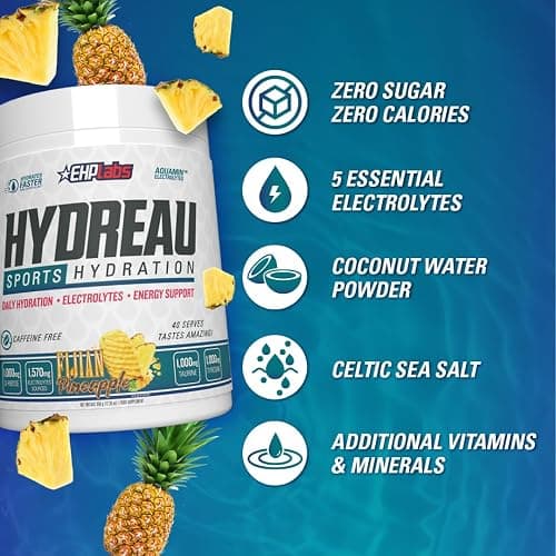 EHP Labs Hydreau Electrolytes Powder No Sugar - Hydration Powder for Endurance & Energy - for Men & Women - Sugar Free Electrolytes - (40 Serves, Fijian Pineapple) thumbnail 6