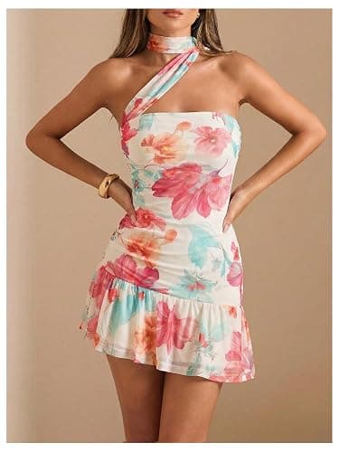 OYOANGLE Women's Floral Print Sleeveless Halter Short Dress Ruched Bodycon Ruffle Dress with Scarf thumbnail 3