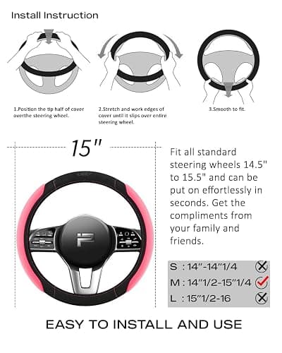 Skechers Pink Steering Wheel Cover, Memory Foam Car Steering Wheel Cover,14.5-15inch Anti-Slip Safety Comfortable Desgin, Universal Accessory for Diverse Cars, Truck,SUV (Black & Pink) thumbnail 7