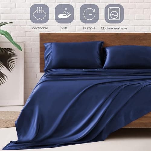 MR&HM Satin Sheets Queen Size with Elastic Corner Straps, Navy Blue | Similar to Silk, 4-Piece Silky Soft Bed Sheet Set, Gentle on Skin and Hair, 15" Deep Pocket, Cooling & Breathable thumbnail 5