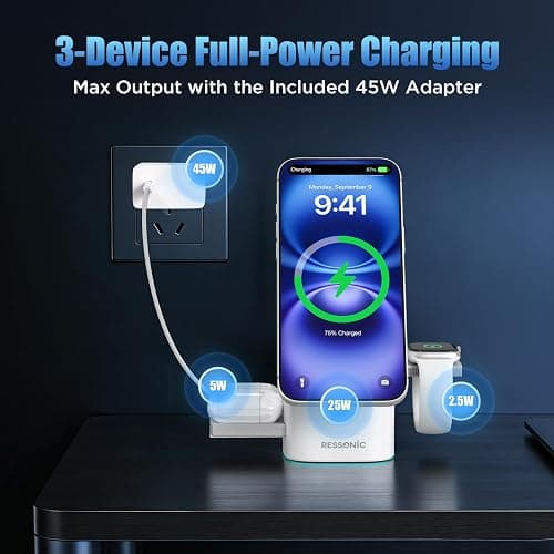 25W 3 in 1 Wireless Charging Station for Apple&Samsung, Desk Night Stand | Includes 45W Adapter, Wireless Charger for MagSafe iPhone 17/16/15/14/13/12, Galaxy S25/S24/S23/S22, AirPods & Watch thumbnail 3