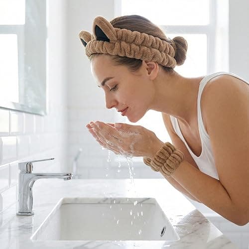Cat Ears Headband, Cute Spa Headband and Wristband Set Washing Face Skincare Makeup Headbands for Women Girls Trendy Stuff Present Soft Coral Fleece Hair Accessories(1Beige+2Khaki) thumbnail 2
