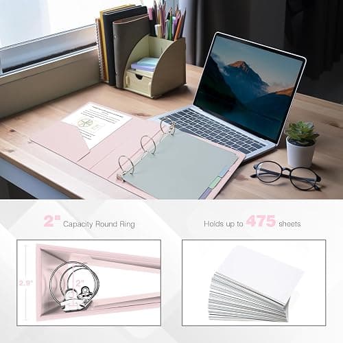 Ospelelf Vintage Hardcover 3 Ring 2 inch Leather Binder, Professional Binders Organizer Suitable for Letter Size, Binder Dividers with Tabs, Rose Pink - Pink - 2 Inch thumbnail 3