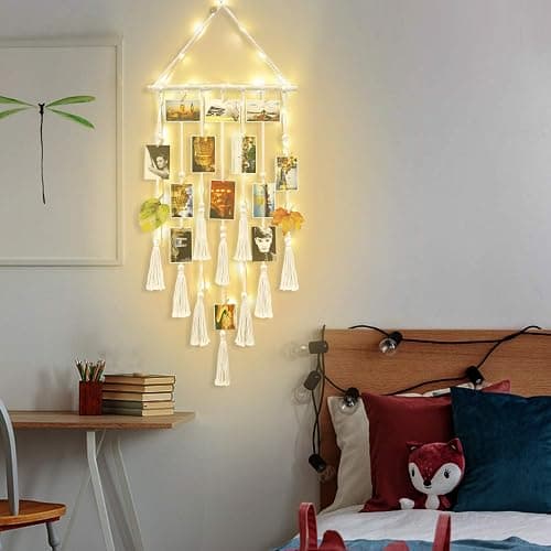 Homecor Hanging Photo Display Wall Decor, Macrame Wall Hanging Boho Room Bedroom Decor, Picture Frame Collage Board with Light 30 Clip, Christmas Teenage Teen Girl Gifts Ages 10 11 12 13 14 Years Old thumbnail 4