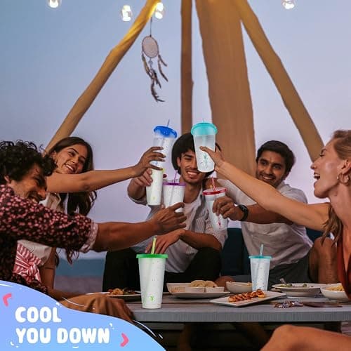 Meoky Confetti Color Changing Cups with Lids and Straws for Iced Coffee, Party, Pool - 12 Pack 24oz Reusable Plastic Tumblers for Kids and Adults thumbnail 7