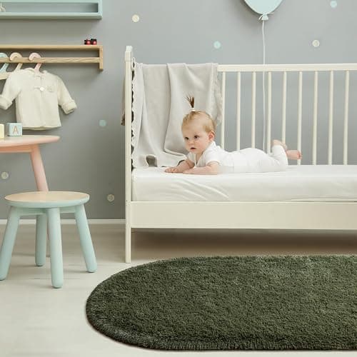 Softlife Fluffy Rugs for Bedroom, Shag Cute Area Rug for Girls/Boys and Kids Baby Room Home Decor, 2.6 x 5.3 Feet Oval Indoor Carpet for Nursery Dorm Living Room, Olive Green thumbnail 5