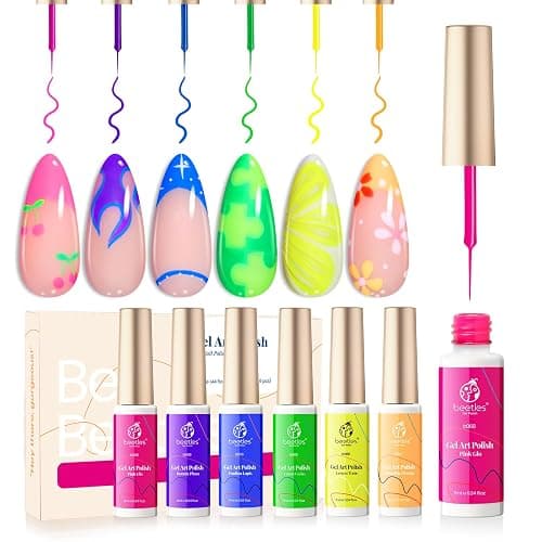 Beetles Summer Gel Liner Nail Polish Set - 6 Neon Gel Nail Polish Colors Hot Pink Orange Blue Yellow Paint for Nails Built Thin Brush in Bottle Soak off Uv LED Lamp Nails Art thumbnail 9