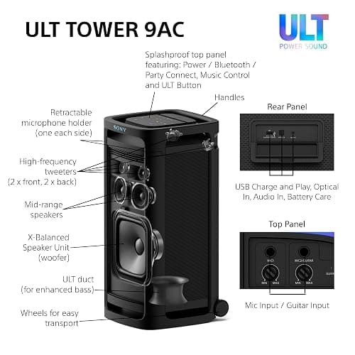 Sony ULT TOWER 9AC - Ultimate Bluetooth Party Speaker, Mains Powered, 2 x ULT POWER SOUND modes, X-Balanced Speaker, 360 Lighting & Sound, Karaoke Inputs - Black thumbnail 11
