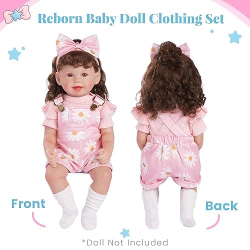 BABESIDE 4 Pcs Reborn Baby Doll Clothes for 17-22 Inch Babydolls, Cute Pink Flower Dolls Overalls Lifelike Reborn Baby Doll Accessories with Headband and Socks for Realistic Dolls Girl thumbnail 6