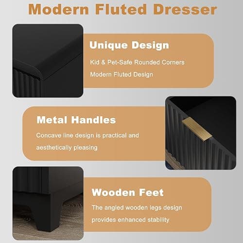 Fluted Dresser for Bedroom with 8 Drawers, 55.1" Wide Modern Chest of Drawers with Metal Handle, TV Stand Wood Dresser Closet Organizers and Storage Drawer for Living Room, Bedroom, Hallway, Black thumbnail 5