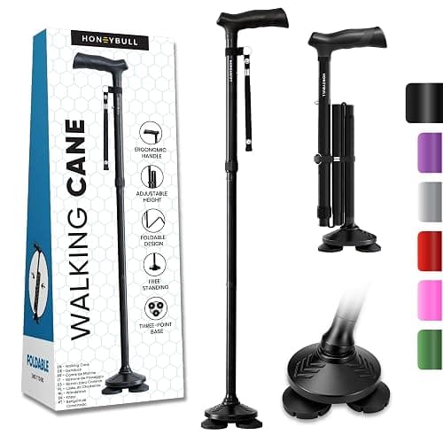 HONEYBULL Walking Cane for Men & Women, Foldable Free Standing Cane | Adjustable Height, Collapsible Design, Heavy-Duty, Pivot Base for Stable Support, Ergonomic Handle - Image 1