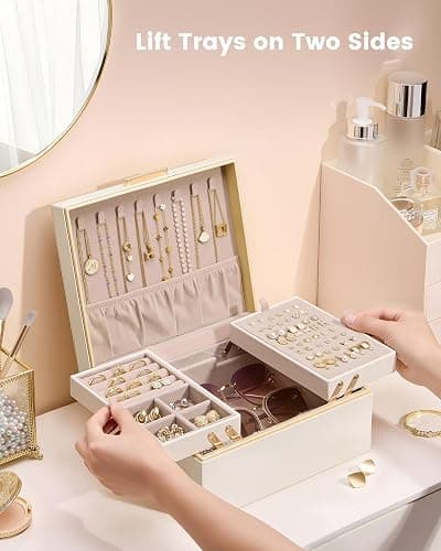 Lolalet Jewelry Box Organizer for Women Girls, 2 Layer Jewelry Organizers and Storage for Necklace Earrings Rings Bracelets, Large Jewellery Holder Case Birthday Christmas Gifts -Cream thumbnail 3