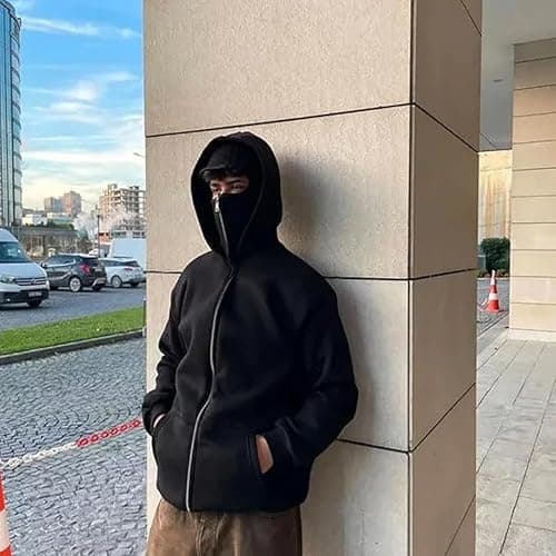 Generico Balaclava Ninja Zipper Hoodie with Built in Balaclava, Double Hooded Jacket Hoodie with Mask, Wind-Resistant Winter Hoodies thumbnail 2