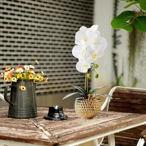 Hisow Orchids Artificial Flowers, 15" Faux Orchid in Gold Flower Pot Real Touch Flowers in Pot Large Flower Arrangements Artificial Centerpiece for Home Living Room Bathroom Kitchen Decoration (White) thumbnail 2