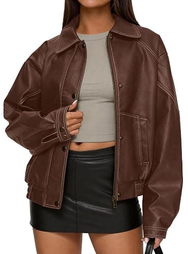 PRETTYGARDEN Leather Jacket Women Faux Oversized Coat | Motorcycle Bomber Fall Jackets Trendy, Fashion Going Out Outfits, Travel, Winter Clothes, Zip Up Outerwear - Image 1