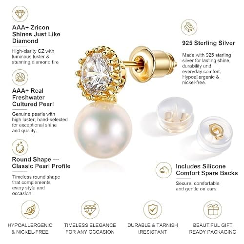 18K Gold Plated 925 Sterling Silver Round CZ Drop Pearl Earrings for Women thumbnail 5