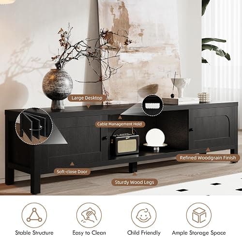 GOUUN 70 Inches Modern Black TV Stands for 65 75 Inches TV Media Console for Living Room Soft-Close Doors TV Entertainment Center with Cabinet Storage Wood Television Cabinet for Bedroom thumbnail 3