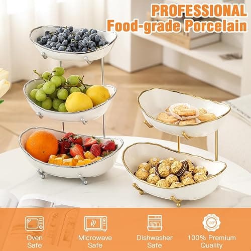 HOMKULA Ceramic Fruit Bowl for Kitchen Counter - 3 Tier Fruit Basket with Metal Stand, Tiered Fruit Stand for Countertop, Snack, Nuts, Cake, Dessert, Small & Cute (Gold-rimmed) thumbnail 4