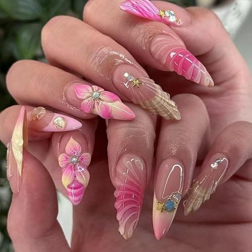 Almond Press on Nails Long Glue on Nail with 5D Rhinestones Flower Design Glossy Waterdrop Shell Acrylic Nails Reusable Ombre French Tips Fake Nails Stiletto Gold Star Nail for Women Manicure 24Pcs - Image 1