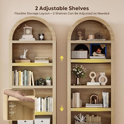 Bestier 76" Tall Arched Bookcase, 5 Tier Arched Bookshelf with Adjustable Book Shelf, Large Wood Bookshelf, Modern Farmhouse Open Display Book Case for Bedroom, Home Office,Living Room, Natural Oak thumbnail 4