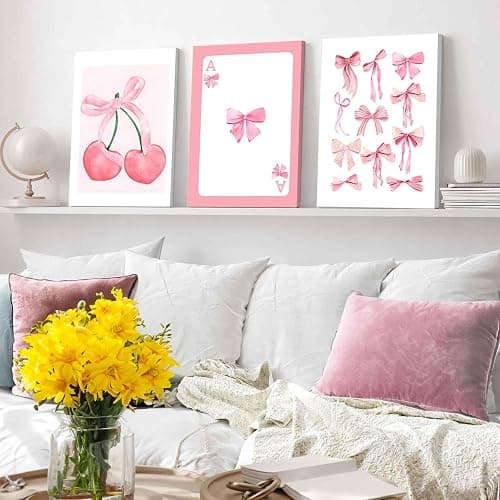 3Pcs Trendy Pink Bows Canvas Wall Art Preppy Watercolor Bows Wall Decor Pictures Girly Coquette Room Decor Aesthetic Posters Prints for College Apartment Bedroom Decoration 16x24in thumbnail 4