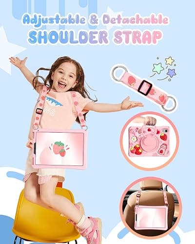 Boaretiu for iPad mini 7 A17 Pro Case for iPad mini 7th/6th Generation - Soft Silicone Cute Cartoon with Shoulder Strap & Rotating Stand Kawaii for Women Girls Girly Kid Teens Cover, Strawberry thumbnail 4