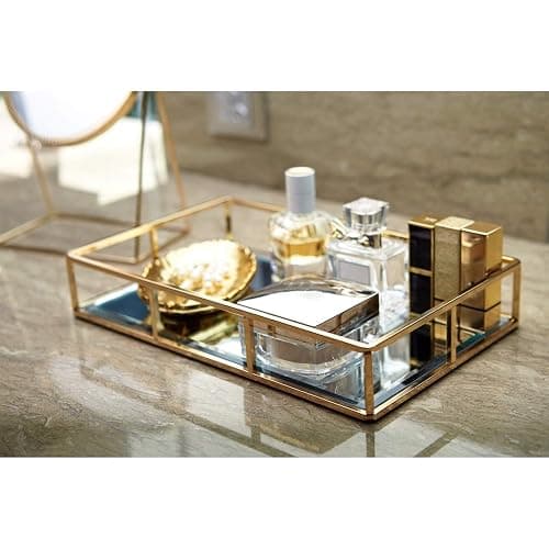 PuTwo Tray Mirror Gold Dresser Ornate Metal Decorative Jewelry Organizer | Gold Tray Jewelry Perfume Organizer Makeup Tray for Vanity Dresser Bathroom Bedroom thumbnail 7