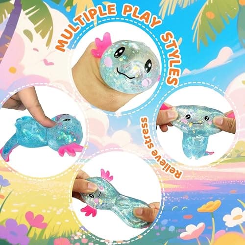 Axolotl Squishy Stress Relief Toy Glitter Fidget Toys Cute Malt Sugar Axolotl Toy Fidget Toys for Kids Youth Adult, Party Favors Anxiety Relief Squishy Toys(Blue) thumbnail 2