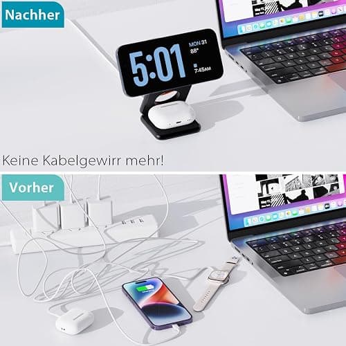 KU XIU X40 Induktive Ladestation 3 in 1 – Magnetisches Kabelloses Ladegerät, Faltbares Reiseladegerät für iPhone Serie 17–12/Air, 5W für iWatch Serie 11–4/Ultra/SE und Kabellose Kopfhörer – Schwarz thumbnail 4