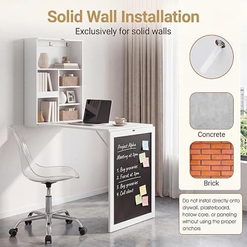 Tangkula Foldable Wall-Mounted Desk, Floating Desk with Chalkboard, Storage Shelves & Hooks, Space-Saving Murphy Table for Home Office, Bedroom, Dorm Room, Small Spaces thumbnail 5