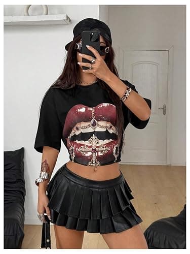 Verdusa Women's Y2k Lips Print Graphic T Shirts Rave Hip Hop Tees Streetwear Going Out Tops thumbnail 3