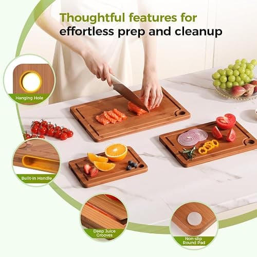 BNBUN Bamboo Cutting Board for Kitchen, Wood Cutting Board 3 Piece Set with Non-Slip Mat Deep Juice Groove and Built-In Handles, Wooden Cutting Boards for Meat Vegetables Fruit for the Home thumbnail 5