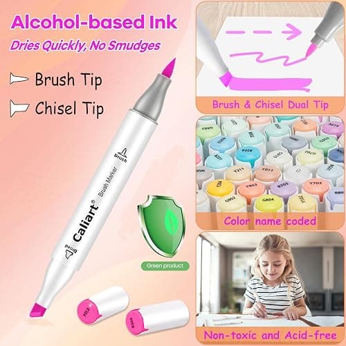 Caliart Alcohol Markers Brush Tip & Chisel, 101 Colors Dual Tip Art Markers for Adults Artists Sketch Illustration Coloring Book, Permanent Drawing Pen Set Art Supplies Christmas Gifts thumbnail 3