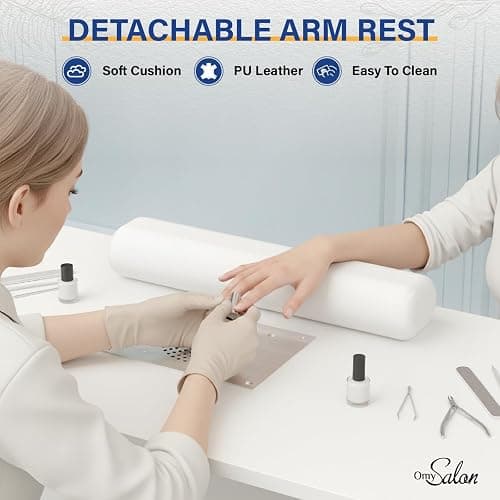 OmySalon White & Gold Accent Nail Desk for Nail Tech, Manicure Table with Electric Dust Collector, Storage Drawers & Wrist Cushion, Acetone Resistant for Salon and Home Nail Station thumbnail 6