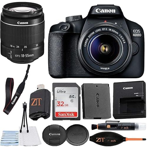 Canon EOS 4000D / Rebel T100 DSLR Camera 18-55mm Zoom Lens + ZeeTech Accessory Bundle with SanDisk 32GB Memory Card, Cleaning Starter Kit, High Speed Memory Card Reader (Renewed) - Image 1