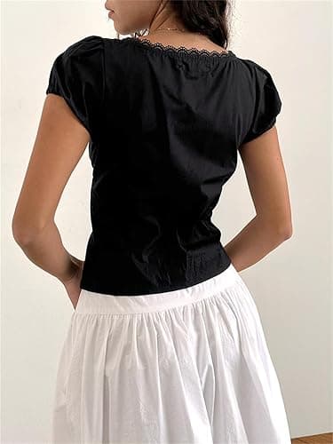 Women Y2k Fairy Grunge Babydoll Top Cute Puff Sleeve Lace Trim Button Shirt Vintage Summer Slim Fit Going Out Blouse thumbnail 4