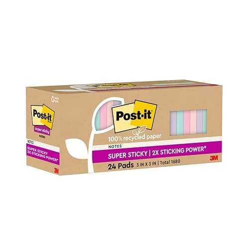 Post-it 100% Recycled Paper Super Sticky Notes, 3 in. x 3 in., 24 Pads, 70 Sheets per Pad, Wanderlust Pastels, School Supplies and Office Products thumbnail 12