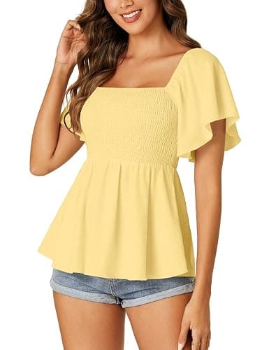 LYANER Women's Square Neck Cute Peplum Top | Ruffle Smocked Short Sleeve Ruched Flowy Casual Babydoll Blouse Top Shirts thumbnail 5