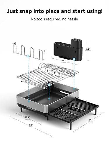 SUNLY Large Dish Drying Rack, Expandable Dish Racks for Kitchen Counter, Space Saving 304 Stainless Steel Drying Rack Kitchen, Extra Large Drainer with Multifunctional Flip Up Pegs, Black thumbnail 2