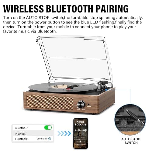 Record Player for Vinyl with 2 Build-in Speakers LP Vinyl Players Belt-Driven Vintage Turntables 3 Speed 3 Size, Wireless Bluetooth Playback, AUX-in,RCA Out, Headphone, Auto Stop Wood thumbnail 3